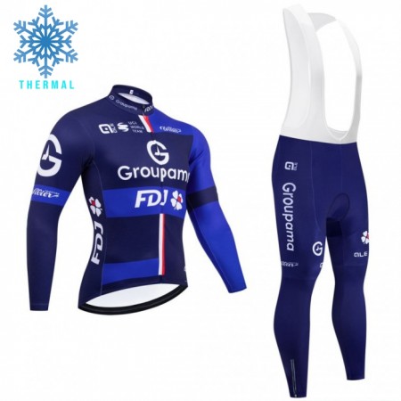 Set Fietsshirt Lange Mouw + Lange Koersbroek 2025 Groupama FDJ Winter Thermal Fleece Zwart Blauw